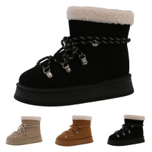 Damen-Winterstiefel, kurze Stiefeletten mit Fellbesatz, Schnürung, runde Zehenpartie, warme, rutschfeste Schuhe für kaltes Wetter