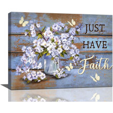 Purple Floral Farmhouse Wall Art – Rustic Butterfly Canvas Print, "Just Have Faith", 16"x12", Compatible with Modern Living Room, Bedroom & Office