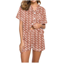 2-delige pyjamaset voor dames met schattige hondenpootafdruk voor Valentijnsdag, casual V-hals, knoopsluiting, korte mouwen, nachtkleding, huispak,