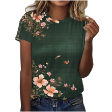 Damtröja med rund hals och vintage-tryck i blommigt mönster | Plusstorlekar S-3XL | Topp i polyester- och spandexblandning för avslappnad