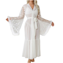 Sexy en elegante damespyjama met kanten tule details en lange mouwen, effen kleur, lange mouwen, tailleband, loungewear (SL)
