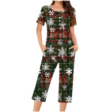 Damen-Pyjama-Set mit Weihnachtsmuster, Flanell-Kurzarmtop