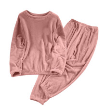 Fleece pyjamaset voor dames, maat S-2XL, roze, effen. 2-delige flanellen nachtkleding met elastische taille en lange mouwen.