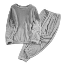Dames fleece pyjamaset S-2XL, warme zachte flanellen tweedelige nachtkleding, elastische taille, top met lange mouwen en broek, grijs