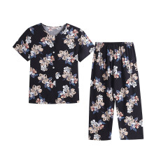 Dames zomerse pyjamaset van linnenlook (2-delig) | Top met korte mouwen, knoopsluiting en ronde hals met retroprint + broek met elastische taille |