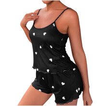 Kvinders sommer nattøjssæt med tynde stropper og shorts, hjerteprint, todelt pyjamas med elastisk talje til S til 3XL