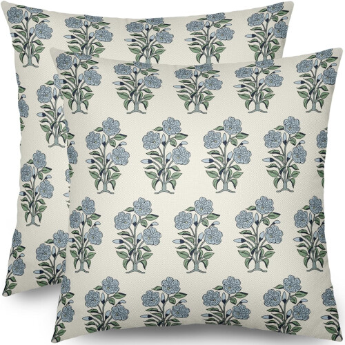 Conjunto de 2 capas de almofada em linho com estampa floral azul e verde, 45x45cm (18x18 polegadas).