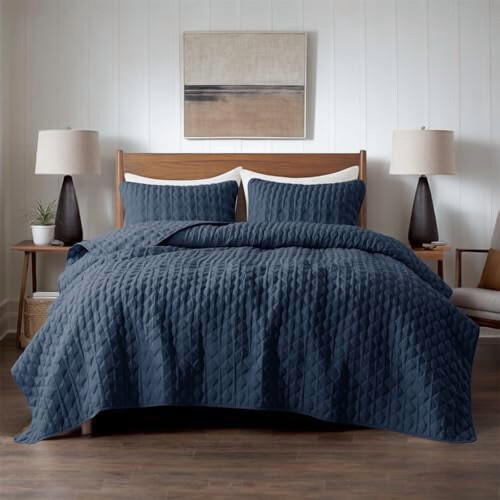Navy Blue Queen Quilt Set, 100% Microfiber Polyester, 3-Pc 1