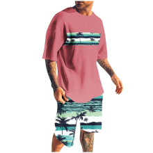 Men's Shorts Sets 2 Piece Outfits Round Neck Printing Sports Slim Elastic Waistband Short Sleeve Round-Neck Blouses
