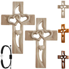 Hand-Carved Intertwined Hearts Wooden Cross – Vintage-Style Wooden Marriage Cross with Intertwined Hearts, Heart-Shaped for Wall Decor