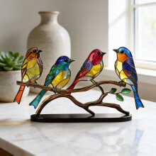 Ornement en vitrail représentant cinq oiseaux – Décoration de bureau en métal