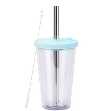 Reusable Boba tea cup, 16-ounce leak-proof double layer smoothie cup, iced coffee cup, wide straw for bubble tea - Bluish green