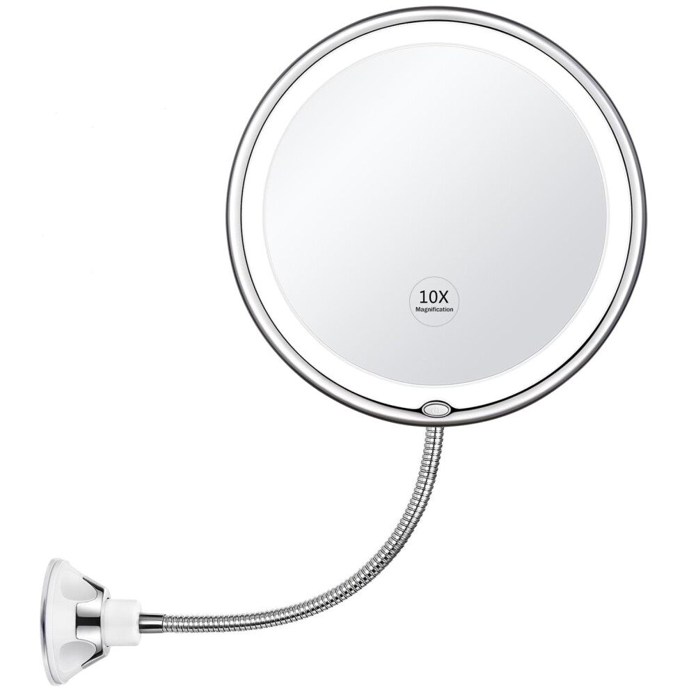 Flexible 10x Magnifying Mirror with Suction Cup, LED Vanity Mirror â Cordless, Battery-Operated, Portable for Home & Travel