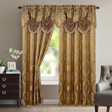Luxurious Aurora Jacquard Look Curtain Panel Set with Attached Valance 54" X 63 inch (Set of 2), Taupe