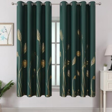 Green Blackout Curtains 52x63", Room Darkening & Thermal Insulated, Gold Foil Palm Leaf Pattern, 2 Panels