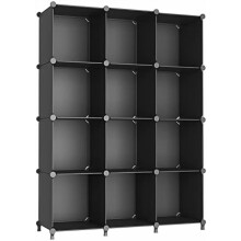 12-Cube Stackable Plastic Storage Organizer, DIY Closet Shelf for Home/Bedroom, Black – Compatible with Standard Cube Systems
