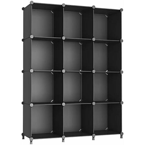 12-Cube Stackable Plastic Storage Organizer, DIY Closet Shelf for Home/Bedroom, Black – Compatible with Standard Cube Systems