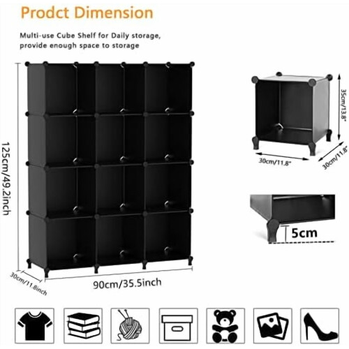12-Cube Stackable Plastic Storage Organizer, DIY Closet Shelf for Home/Bedroom, Black – Compatible with Standard Cube Systems 2