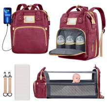 Mochila para fraldas multifuncional com compartimento dobrável para berço e mamadeira térmica, grande capacidade, carregamento USB e alça para