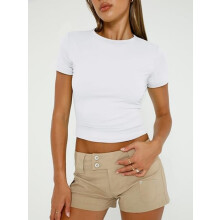 Dame Grunnleggende Kortermet Slim Fit T-skjorte Myk Crewneck Crop T-skjorte Sommer Søt Treningsmoteklær
