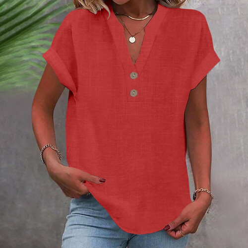 VERUGU Γυναικεία Μπλούζα με Κοντομάνικα, V-Neck, Βαμβακερά, Λινά Πουκάμισα, 1