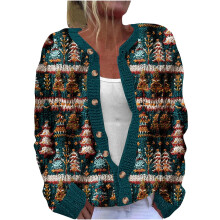 Festlicher Weihnachtscardigan für Damen, langärmeliges Strickoberteil mit Print, offene Strickjacke mit Knopfleiste, Größen S–5XL, passend zu