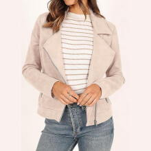 Damen-Wildleder-Motorradjacke für den Herbst, modisch, langärmelig, mit Reißverschluss, kurzem Schnitt, Taschen, beige, Größe S