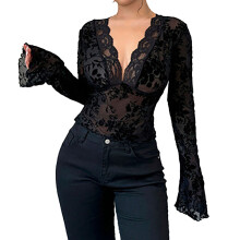 Damen-Herbstbluse mit V-Ausschnitt, Spitze und Mesh, Glockenärmeln – Sexy Partybluse, Plus-Size-freundliche Langarmbluse für Hauspartys (S-2XL)