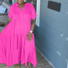 Dámské maxi šaty s rukávy, plus size, dámská móda, ležérní šaty s knoflíky a klopou, růžová