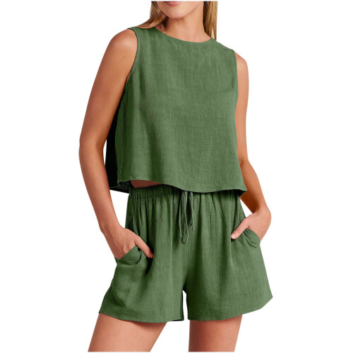 Γυναικεία Casual2Piece Σορτς Καλοκαιρινή Μπλούζα με Στρογγυλή Λαιμόκοψη, Μονόχρωμη 1