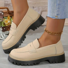 Mocassins décontractés pour femmes, bout rond rétro givré, talon et semelle épais, beige, pointure 7,5