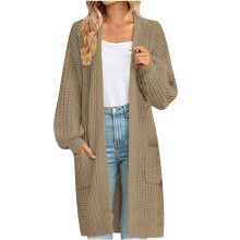 Cardigãs longos de tricô de inverno para mulheres plus size, modelo folgado, estilo 2025, com estampa xadrez e cores combinando, na cor cáqui.