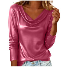Damen-Top, einfarbige Langarmbluse mit V-Ausschnitt zum Überziehen, lässiges Top in Lederoptik für bequemen Tragekomfort im Alltag.