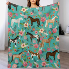 Plaid en flanelle Ă motifs de chevaux et de fleurs, 152 x 127 cm