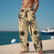 Pantalones casuales para hombre, pantalones rectos con estampado de palmeras y sol, pantalones de playa de verano con bolsillos, color caqui.