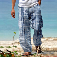 Herren-Freizeithose mit weitem Bein, Kordelzug, elastischem Bund, geometrischem Muster, hellblau