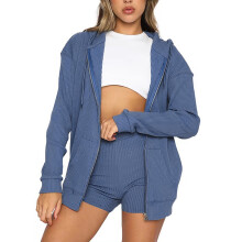 Sweatsuit For Women 2 Pieces Set Velvet Solid Color Sports Suit Zipper Cardigan Long Sleeve Hooded Sweatshirts Shorts Set Athletic Set,Blue