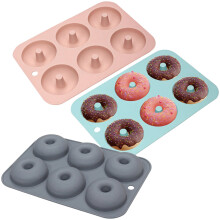 Siliconen donutvormen voor het bakken, set van 3 donutvormen, roze, blauw en grijs, ontwerp met 6 holtes, bagelvormen voor zelfgemaakte lekkernijen.
