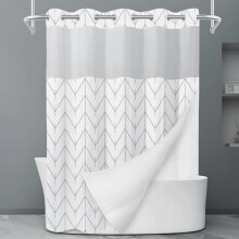 Douchegordijnset met geometrische strepen zonder haken, inclusief insteekvoering, gaasvenster aan de bovenkant, machinewasbaar, 71x74 inch, grijs-wit