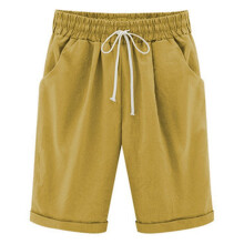 Bermuda feminina de verão, calça casual de algodão, comprimento até o joelho, cintura elástica, cordão e bolsos.