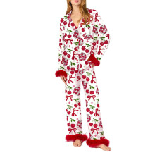 Valentijnsdagpyjama's, bijpassende pyjama's voor stellen, pyjamasets voor dames met lange mouwen en lange broek, print met liefdesstrik, losvallend,