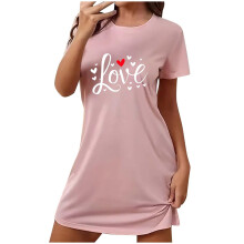 Große Größen, süßes Nachthemd mit Print, Kurzarm, Rundhalsausschnitt, dehnbares Polyester-Spandex-Kleid, Größen S-2XL, Übergrößen für