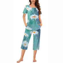 2-delige comfortabele pyjamaset voor dames met korte mouwen, capribroek, nachtkleding en huispak, maat S-3XL