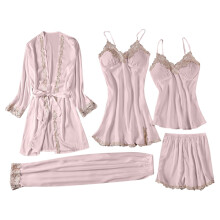 Női 5 darabos selyem csipkés pizsama szett: köntös, felső, trikó, hosszú nadrág és rövidnadrág – puha pizsama, S-3XL