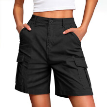 Biker Shorts Dame, Shorts til Kvinder, Dame Sommermode Ensfarvet Afslappet Knap Lynlås Lommer Cargo Shorts Bukser Sort2XL
