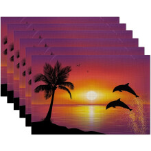 Delfin-Tischsets, 6er-Set; Tischsets mit Palmen-Sonnenuntergangsmotiv, hitzebeständig, abwaschbar, rutschfest, für Partys, Küche, Esszimmer,
