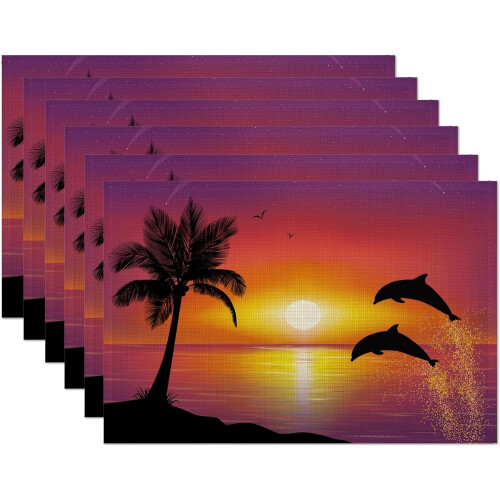 Σουπλά Dolphins σετ 6 τεμαχίων, σουπλά Palm Tree Sunset, ανθεκτικά στη θερμότητα, πλενόμενα,
