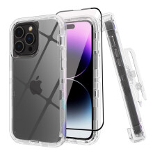 Xhy kompatibel med iPhone14Case – 3-i-1 gennemsigtigt cover til hele kroppen med skærm-/linsebeskytter og bælteklips, stød-/ridsefast, gulner