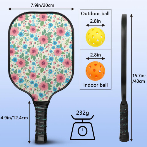 Σετ κουπιών Pickleball από fiberglass με λουλούδια, 2 μπάλες και τσάντα, συμβατό με παιχνίδι 2
