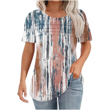 Dam Puff Kortärmade Tunika Toppar Plisserad Rund Hals Sommar Blommiga Blusar Eleganta Avslappnade Lösa T-shirts